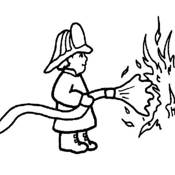 Simple drawing of firefighter putting out fire