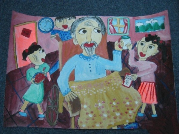 Childrens drawings about Double Ninth Festival - taking care of sick grandpa