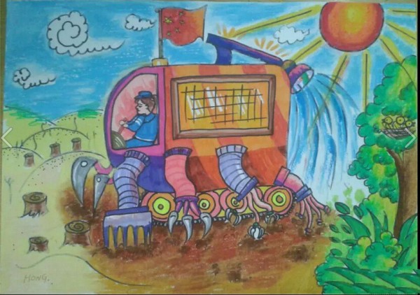 Multifunctional excavator, appreciation of National Day theme children’s paintings