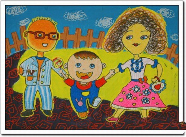 Childrens sketch of family portrait-my parents and I