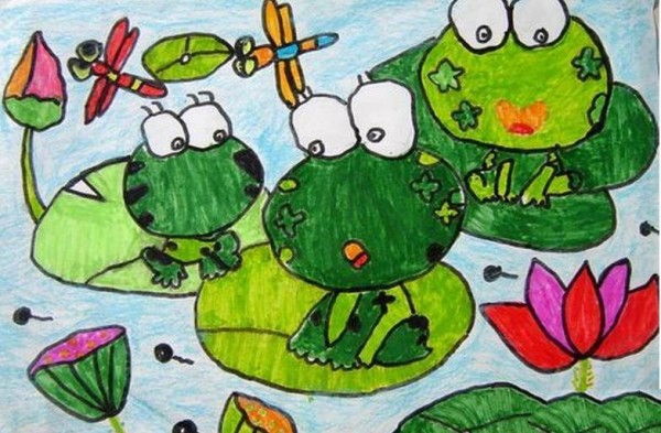 Childrens drawing of little frog loving lotus