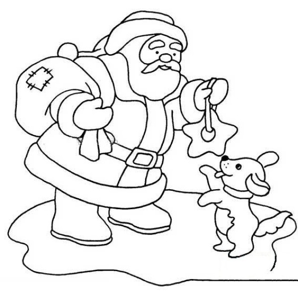 Simple drawing of Santa Claus giving gifts to dogs