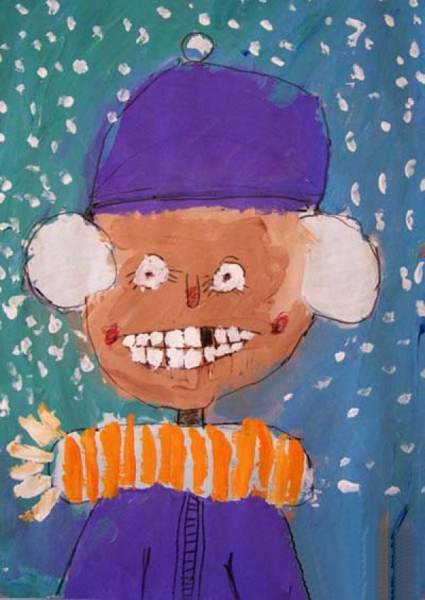 Painting of an old man in the snow. An 8-year-old child draws winter pictures.