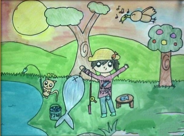 Let’s go fishing together during summer vacation. Enjoy elementary school drawing pictures.