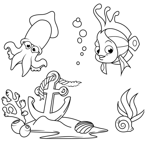 Underwater world simple drawing coral fish and squid