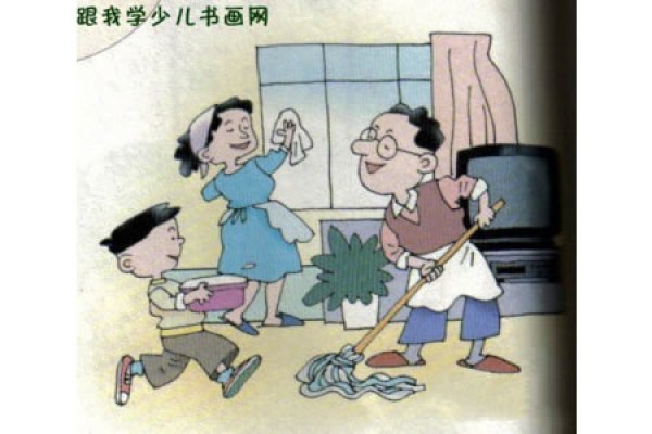 Excellent childrens drawing--helping mom and dad clean the house