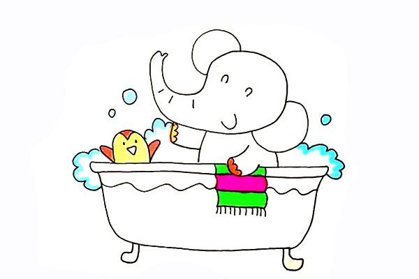 Simple drawing tutorial of a baby elephant who loves taking a bath