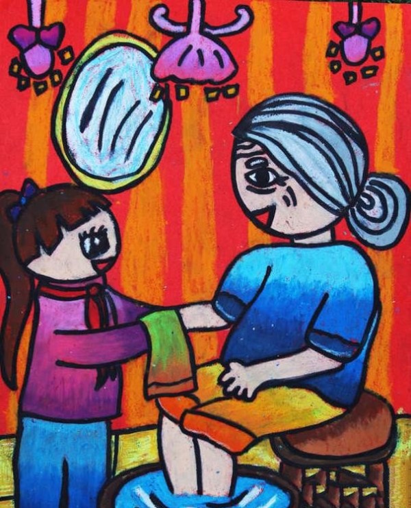 Painting pictures of loving the elderly during Double Ninth Festival: I wipe grandma’s feet