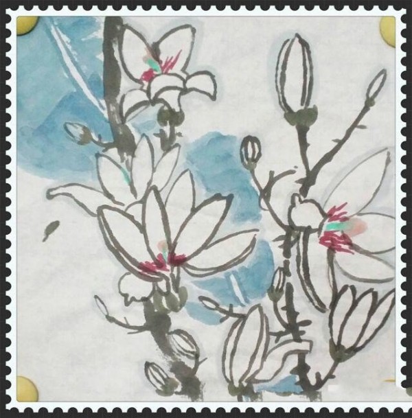 Magnolia is blooming, freehand ink painting of flowers and birds