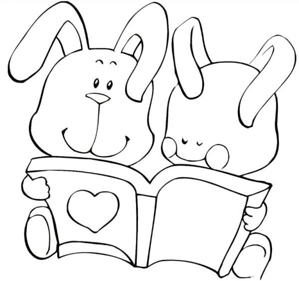 Simple drawing of two little white rabbits who love to read