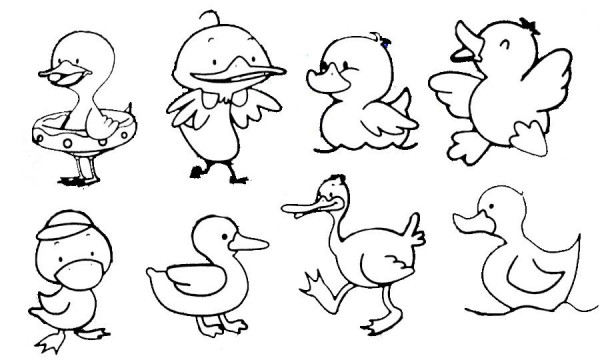 Examples and steps of simple drawing of a little duck