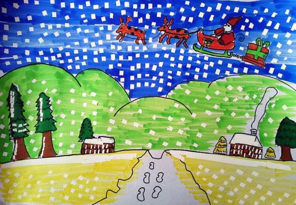 Childrens drawing of white snow falling