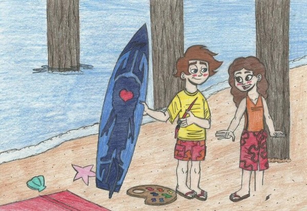 Childrens drawing of going to the beach to surf and happy summer vacation