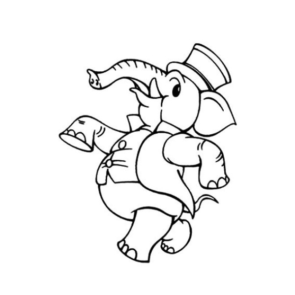 Cartoon simple drawing of an elephant holding its head high like a human