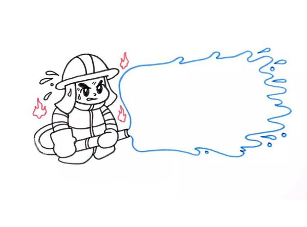 Simple drawing of firefighter putting out fire