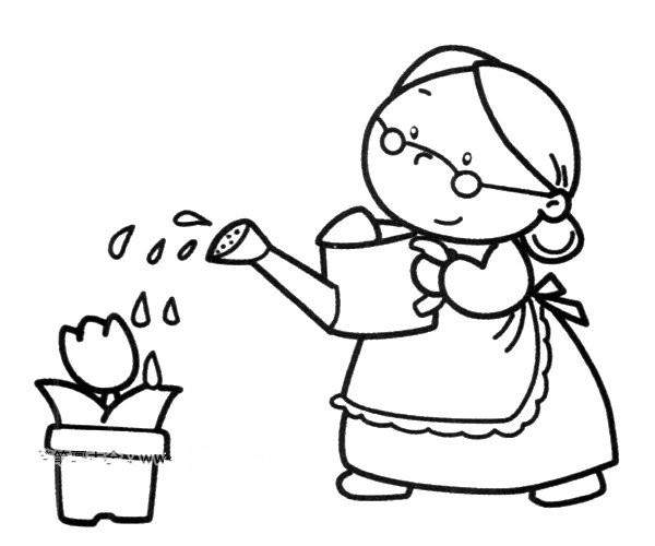 Grandma is watering the flowers