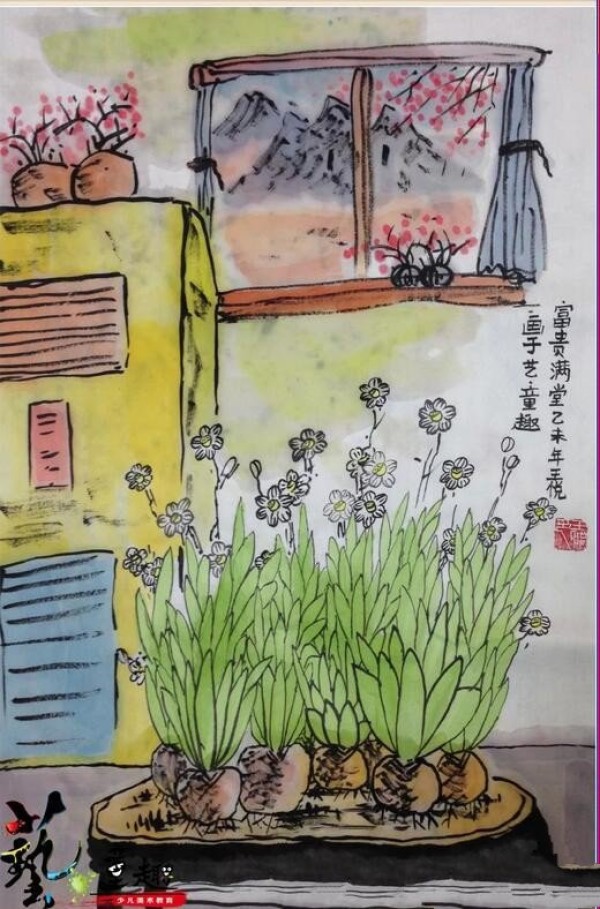 Freehand Chinese painting of daffodils blooming and the house full of wealth