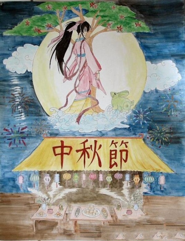 Sister Chang'e in the Moon Palace Mid-Autumn Festival childrens painting