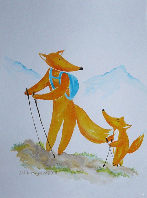 Teachers model painting of anthropomorphic animal scenes recorded by a fox and his son climbing a mountain