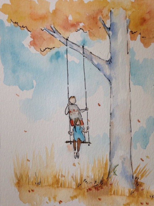 Happy swing painting, autumn leaves painting, childrens painting appreciation