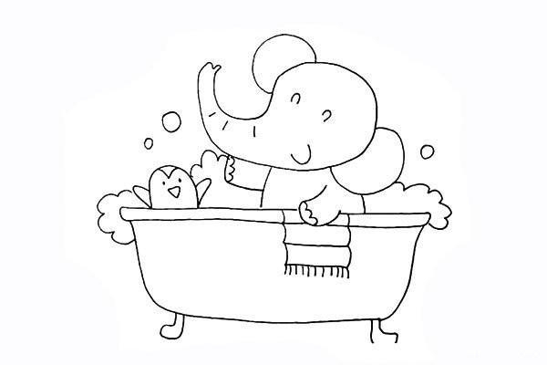 Simple drawing tutorial of a baby elephant who loves taking a bath