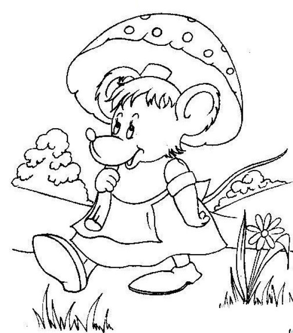 A simple drawing of a little mouse hiding under a mushroom to avoid the rain