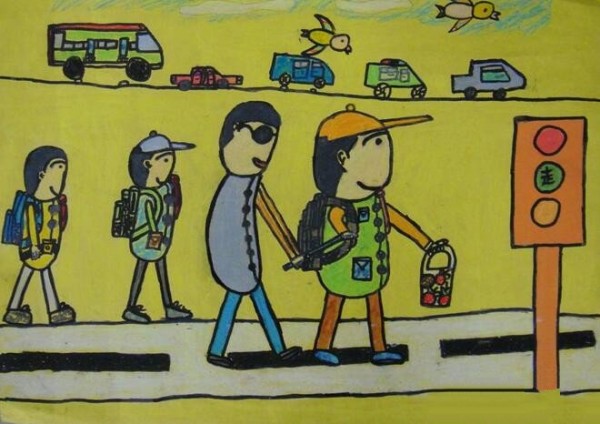 Helping a blind man cross the road, primary school students imitate Lei Fengs paintings display