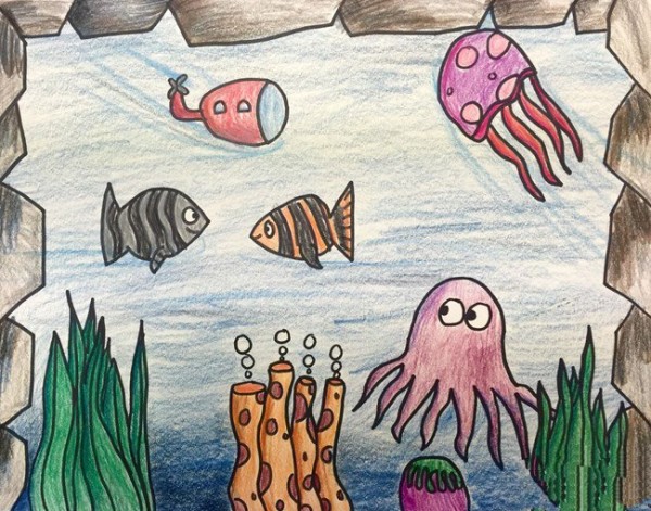 Appreciation of beautiful children’s crayon drawings of the underwater world