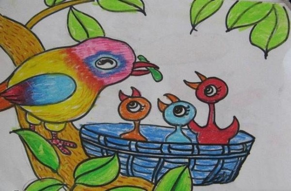 Childrens drawing of hardworking mother bird