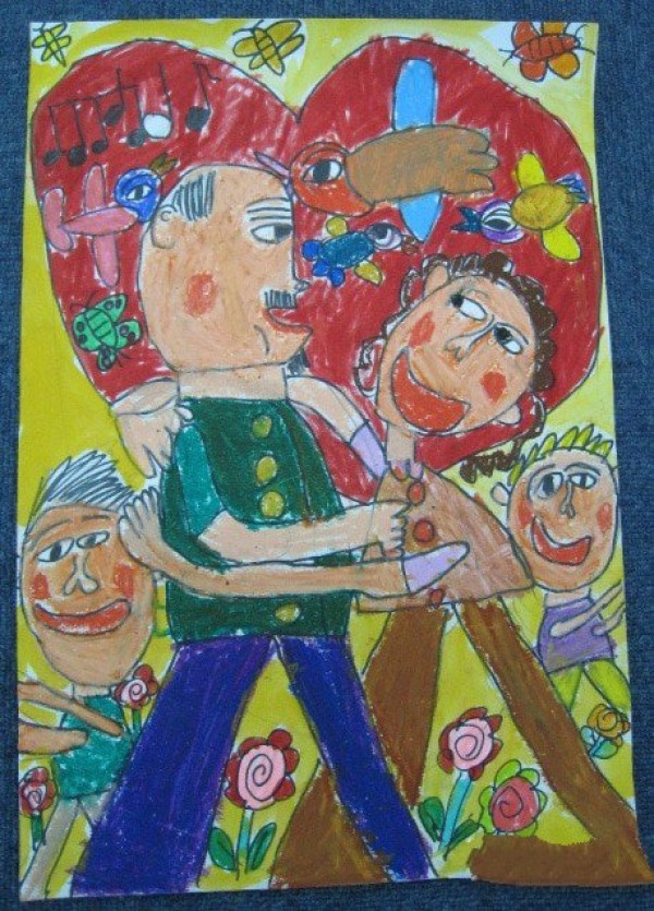 Childrens painting of respecting the elderly during Double Ninth Festival - outing with grandpa