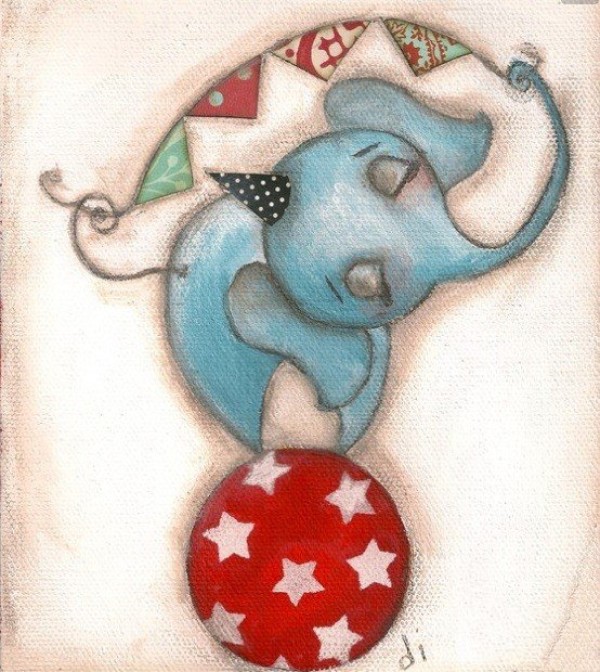 Childrens painting of elephant stepping on ball in circus