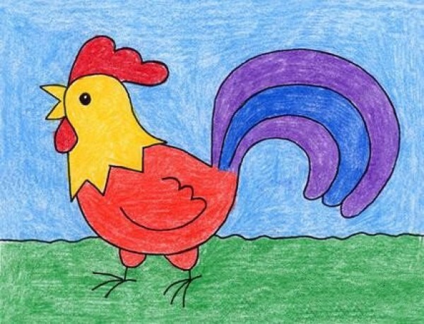 Beautiful big rooster animal colored lead painting teachers drawing