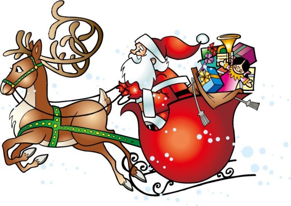 Colorful simple drawing of Santa Claus riding a deer