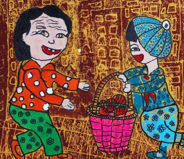 Childrens painting of Double Ninth Festival: Respecting the elderly: I give persimmons to grandma