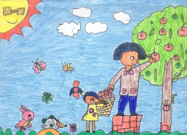 Childrens drawing of helping mother pick apples