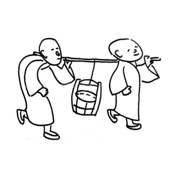 A simple drawing of two monks carrying water and drinking