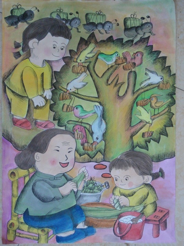 Award-winning childrens painting for Dragon Boat Festival - learning to make rice dumplings with grandma