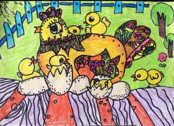 Childrens drawing of chicken mother hatching chicks