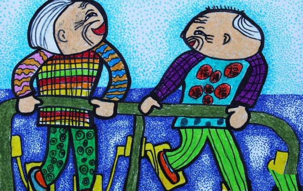 Grandparents exercising, Double Ninth Festival theme painting of loving and respecting the elderly