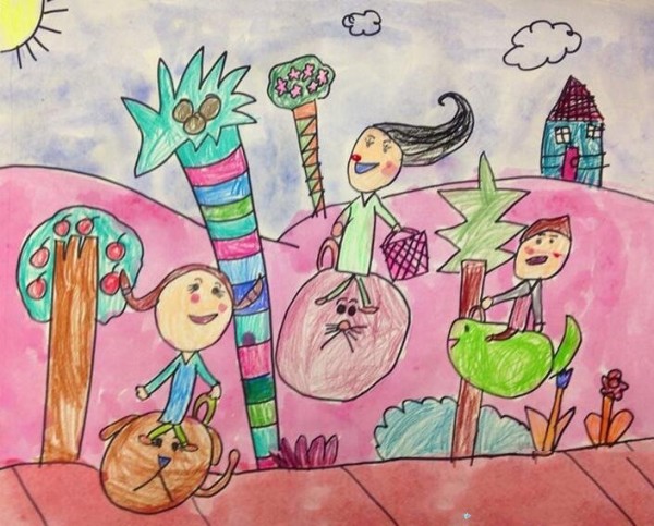 Summer childrens drawings of having a happy summer together