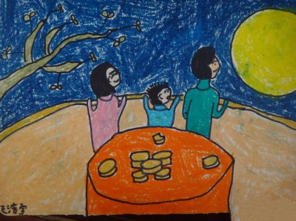 Pictures of Mid-Autumn Festival paintings - admiring the moon with the whole family