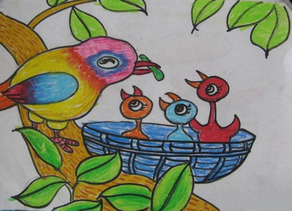 Childrens drawing of mother bird and baby bird