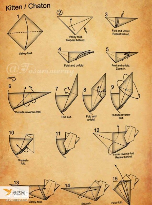 Illustrated step-by-step method of making origami for a family of one large and two small three-dimensional cats