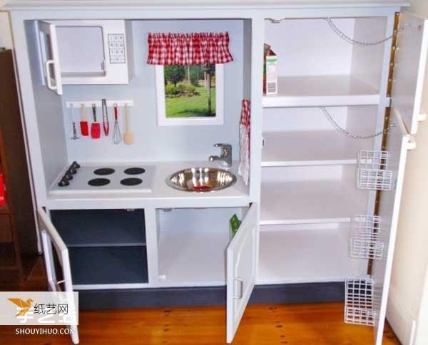 Illustrated tutorial on how to transform an old TV cabinet into a personalized children’s toy kitchen