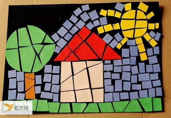 A simple mosaic puzzle pattern for children to piece together using scraps of paper