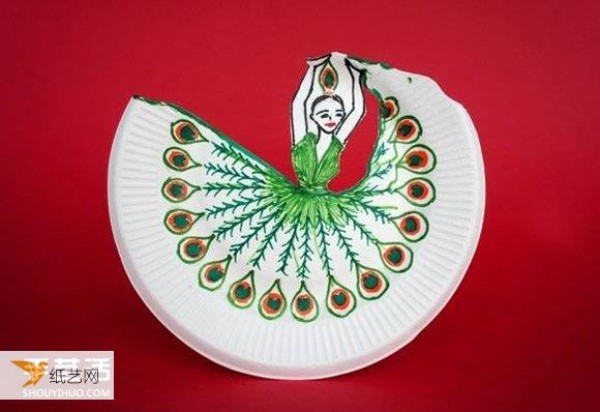 Handmade beautiful childrens paper plate drawing depicting a girl dancing the peacock dance