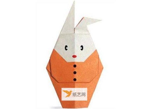 Illustration of the steps to use origami to fold a rabbit wearing clothes during the Mid-Autumn Festival