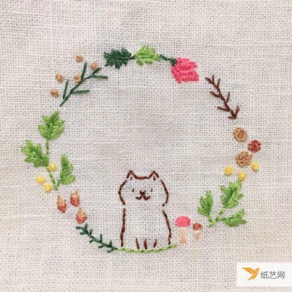 Healing cat embroidery pictures, simple lines make people feel warm