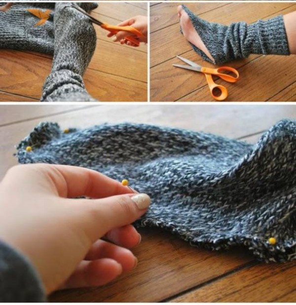 Tutorial on turning unworn sweaters into warm socks and shoes