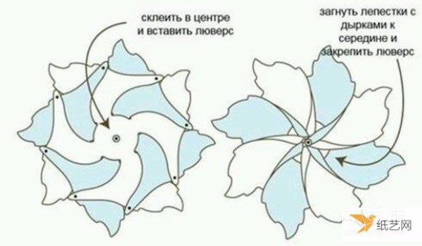Illustrated tutorial on how to make a handmade double-layered eight-leaf paper windmill for children